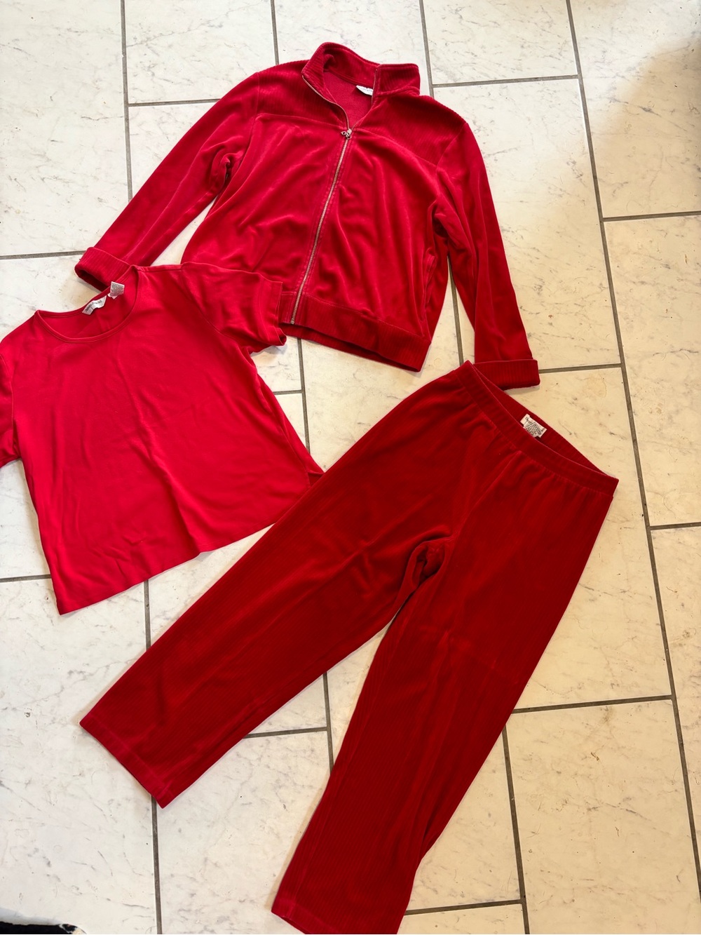 Womans Red 3-Piece track suit Set - Velour Zip Jacket, Tee & Pants